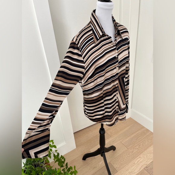 BIANCA Long Sleeve Button Front Blouse Earth Tone Stripes Geometric Business - Picture 16 of 17